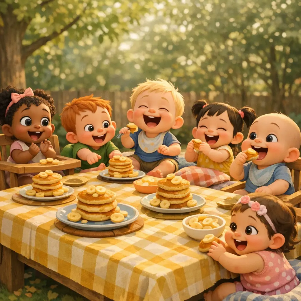 Panquequinhas de banana artesanais servidas em um piquenique ao ar livre, estilo Pixar